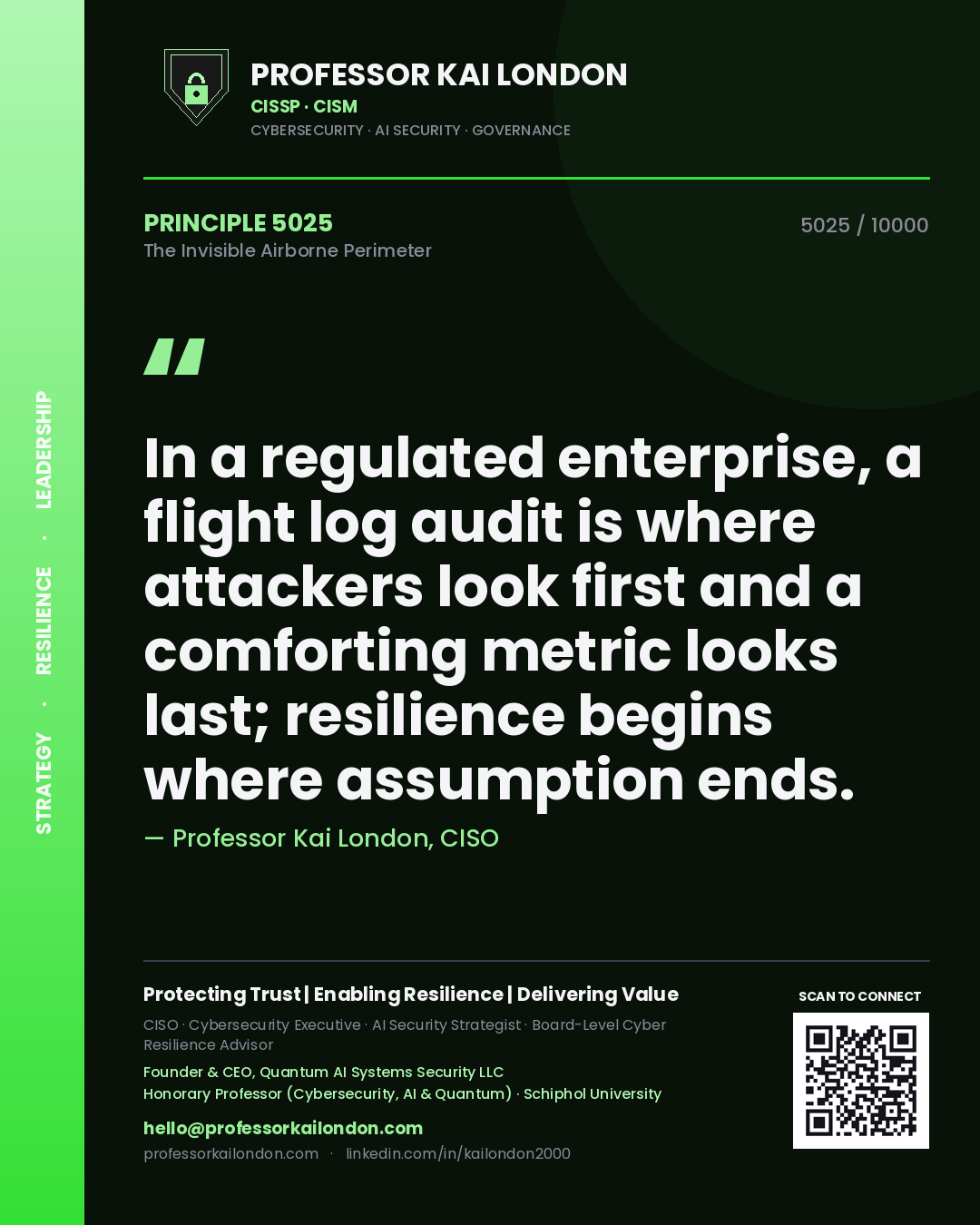 Professor Kai London principle 5025: In a regulated enterprise, a flight log audit is where attackers look first and a comforting metric looks last; resilience begins where assumption ends.