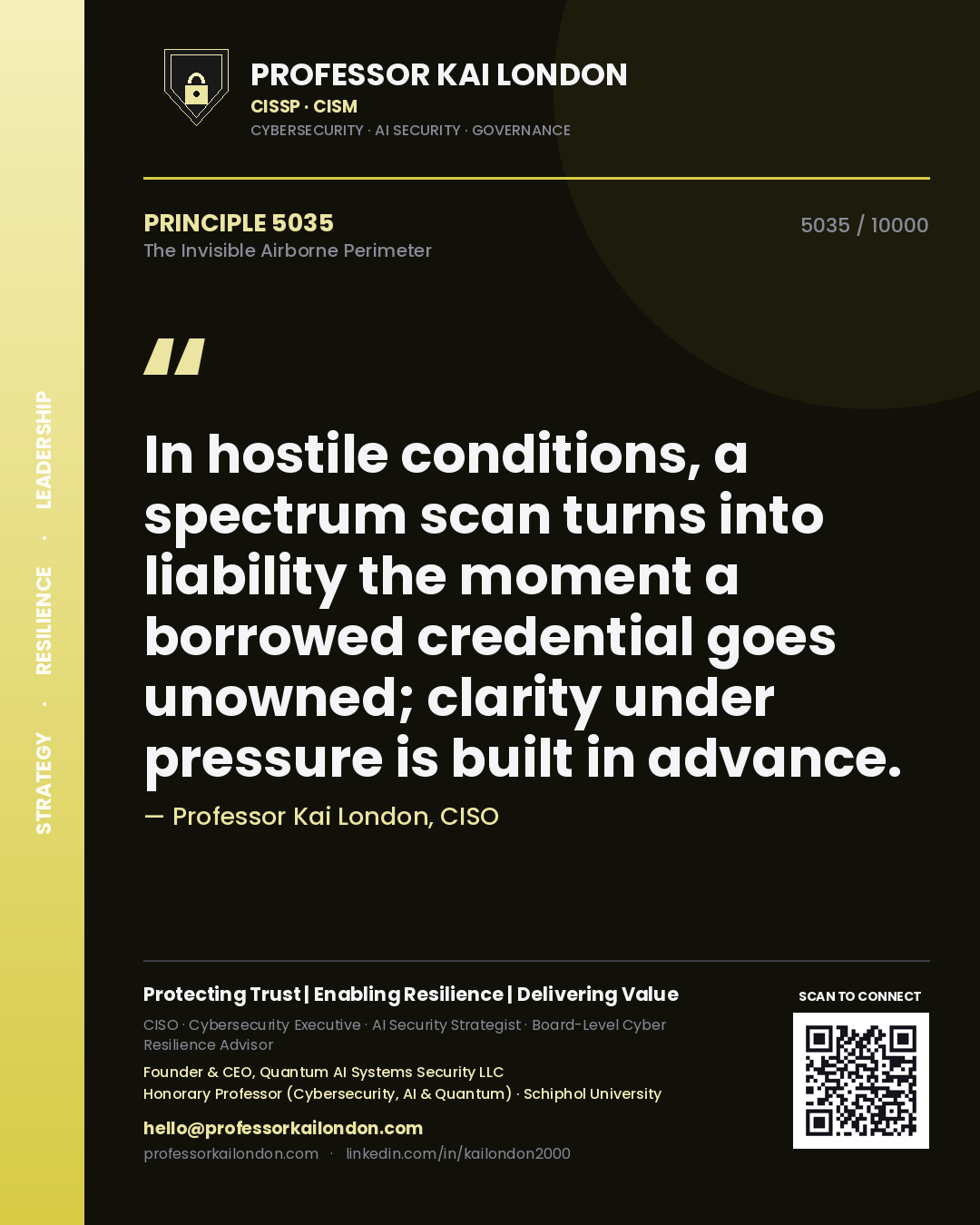 Quote card by Professor Kai London reading 'In hostile conditions, a spectrum scan turns into liability the moment a borrowed credential goes unowned; clarity under pressure is built in advance.'. From the book The Invisible Airborne Perimeter.