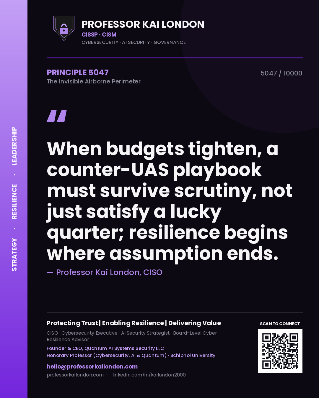 Quote card by Professor Kai London reading 'When budgets tighten, a counter-UAS playbook must survive scrutiny, not just satisfy a lucky quarter; resilience begins where assumption ends.'. From the book The Invisible Airborne Perimeter.