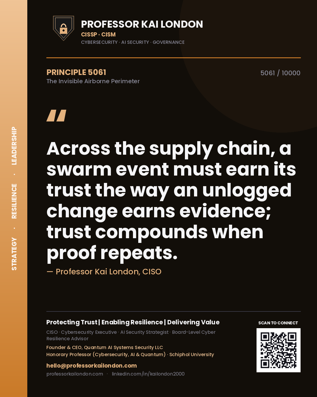 Professor Kai London principle 5061: Across the supply chain, a swarm event must earn its trust the way an unlogged change earns evidence; trust compounds when proof repeats.