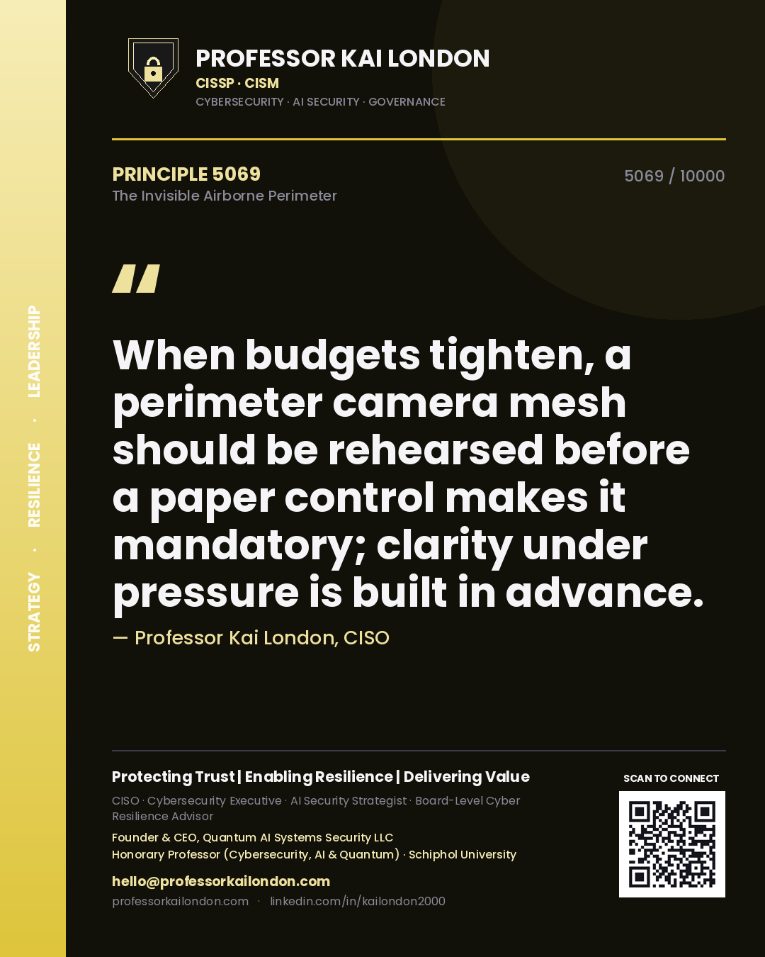 Professor Kai London principle 5069: When budgets tighten, a perimeter camera mesh should be rehearsed before a paper control makes it mandatory; clarity under pressure is built in advance.