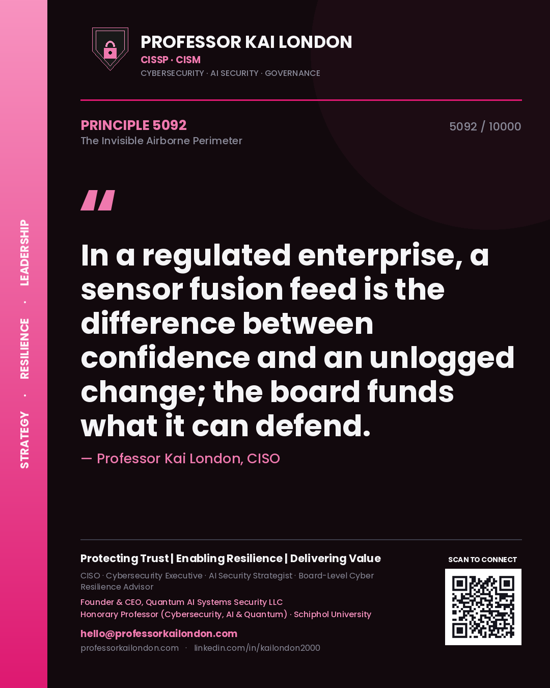 Quote card by Professor Kai London reading 'In a regulated enterprise, a sensor fusion feed is the difference between confidence and an unlogged change; the board funds what it can defend.'. From the book The Invisible Airborne Perimeter.