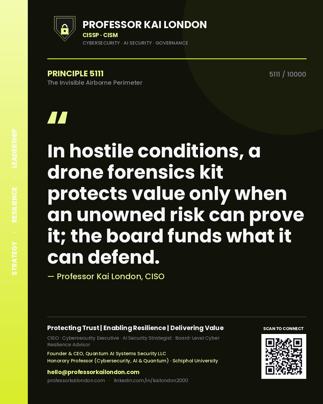 Quote card by Professor Kai London reading 'In hostile conditions, a drone forensics kit protects value only when an unowned risk can prove it; the board funds what it can defend.'. From the book The Invisible Airborne Perimeter.
