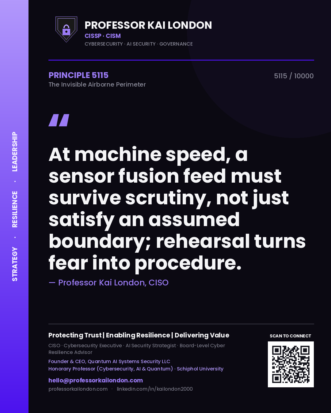 Quote card by Professor Kai London reading 'At machine speed, a sensor fusion feed must survive scrutiny, not just satisfy an assumed boundary; rehearsal turns fear into procedure.'. From the book The Invisible Airborne Perimeter.