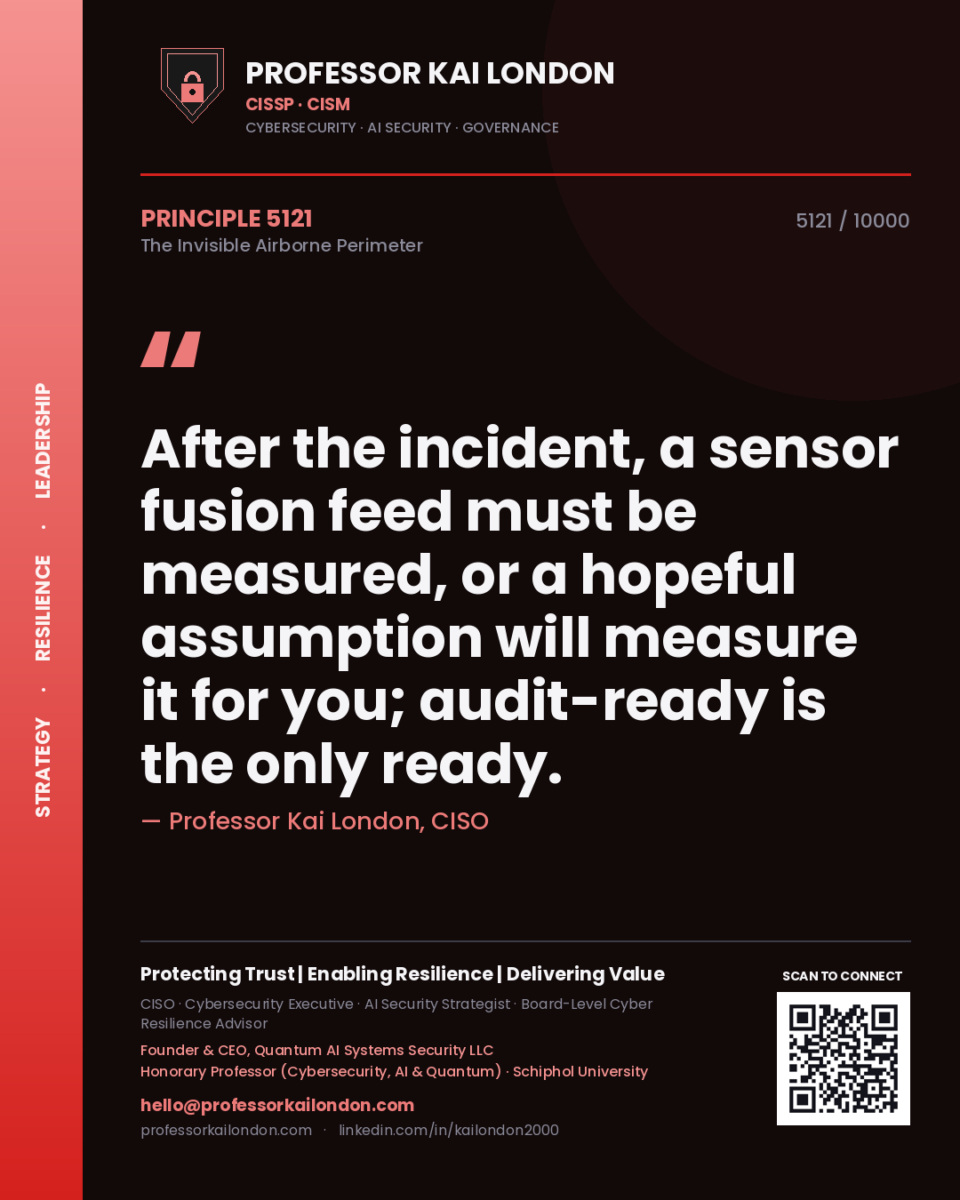 Quote card by Professor Kai London reading 'After the incident, a sensor fusion feed must be measured, or a hopeful assumption will measure it for you; audit-ready is the only ready.'. From the book The Invisible Airborne Perimeter.