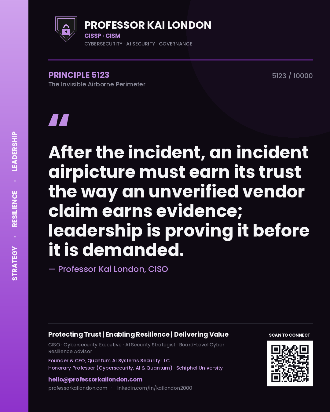 Professor Kai London principle 5123: After the incident, an incident airpicture must earn its trust the way an unverified vendor claim earns evidence; leadership is proving it before it is demanded.