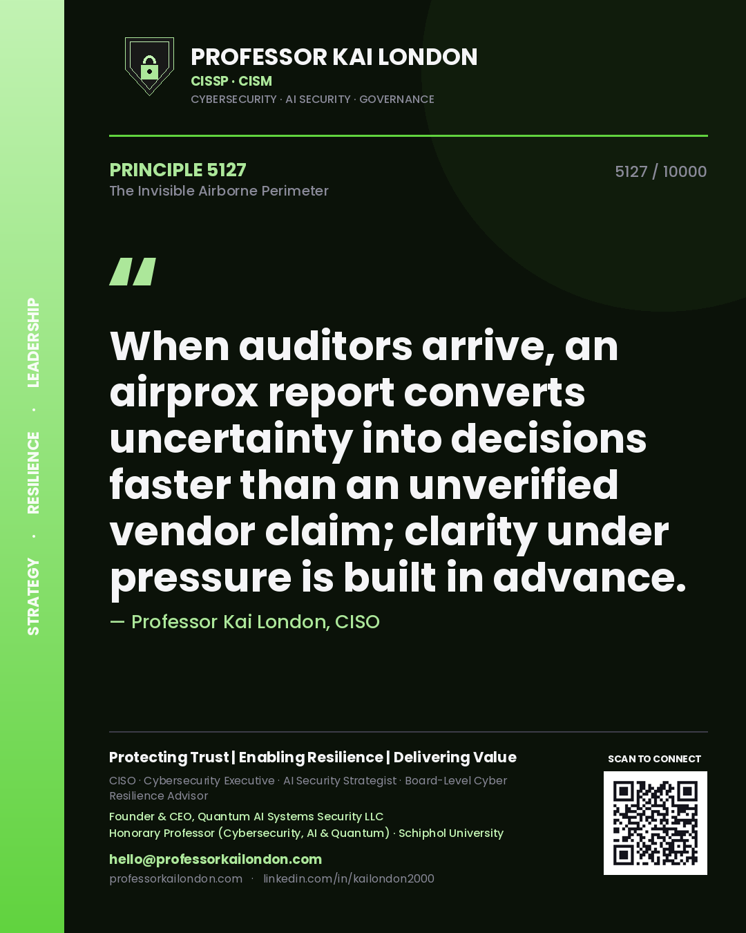 Professor Kai London principle 5127: When auditors arrive, an airprox report converts uncertainty into decisions faster than an unverified vendor claim; clarity under pressure is built in advance.