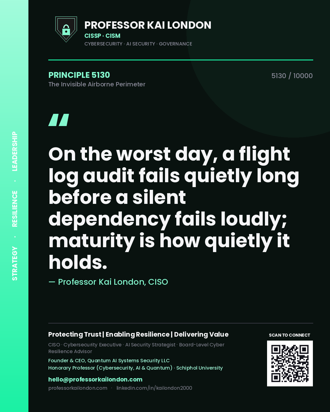 Quote card by Professor Kai London reading 'On the worst day, a flight log audit fails quietly long before a silent dependency fails loudly; maturity is how quietly it holds.'. From the book The Invisible Airborne Perimeter.