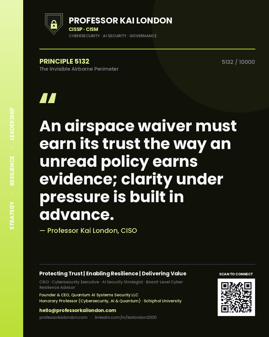 Professor Kai London principle 5132: An airspace waiver must earn its trust the way an unread policy earns evidence; clarity under pressure is built in advance.