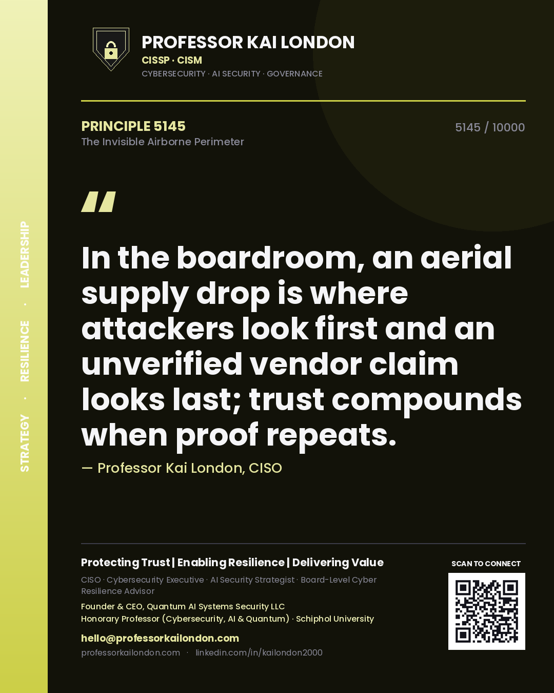 Quote card by Professor Kai London reading 'In the boardroom, an aerial supply drop is where attackers look first and an unverified vendor claim looks last; trust compounds when proof repeats.'. From the book The Invisible Airborne Perimeter.