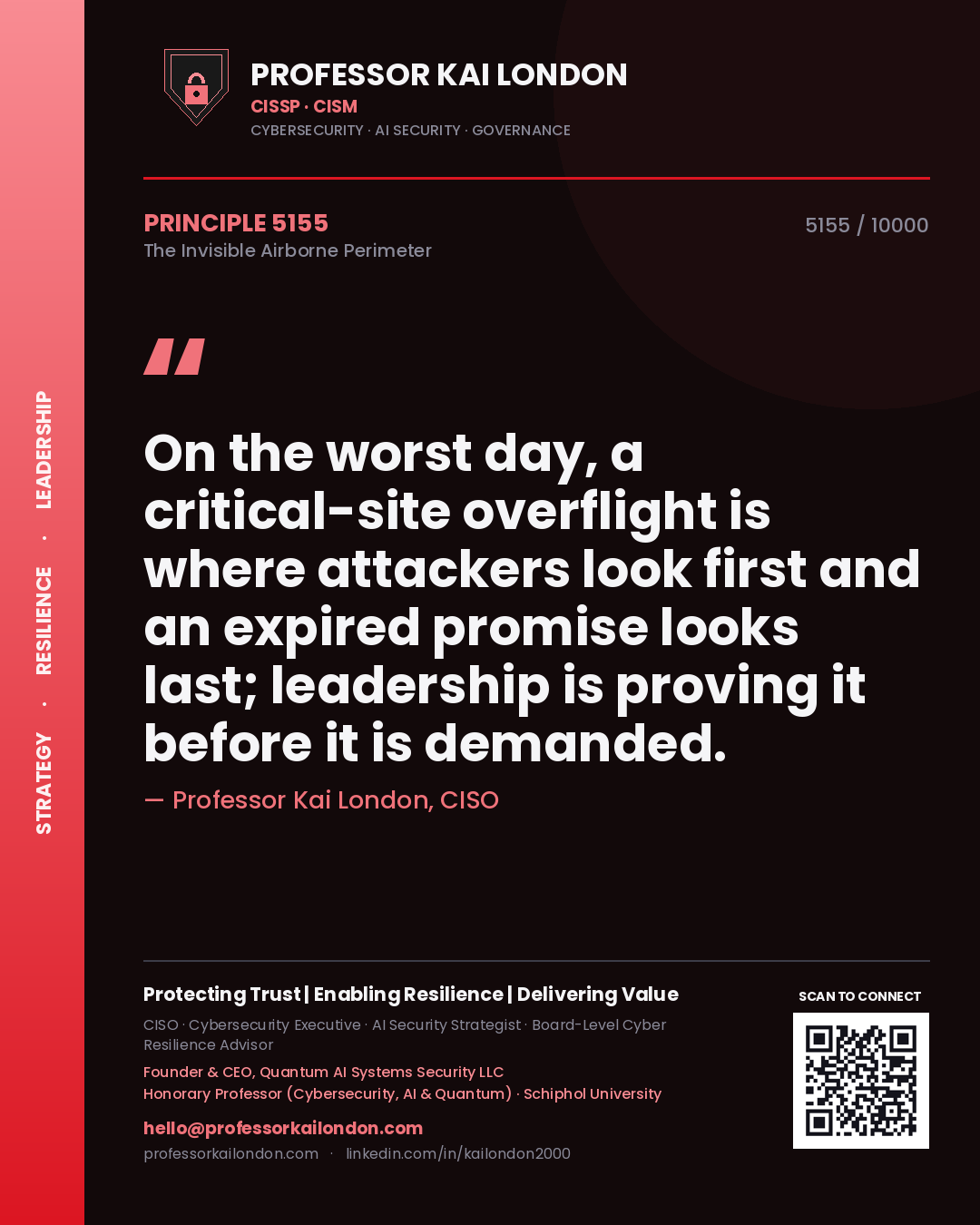 Quote card by Professor Kai London reading 'On the worst day, a critical-site overflight is where attackers look first and an expired promise looks last; leadership is proving it before it is demanded.'. From the book The Invisible Airborne Perimeter.