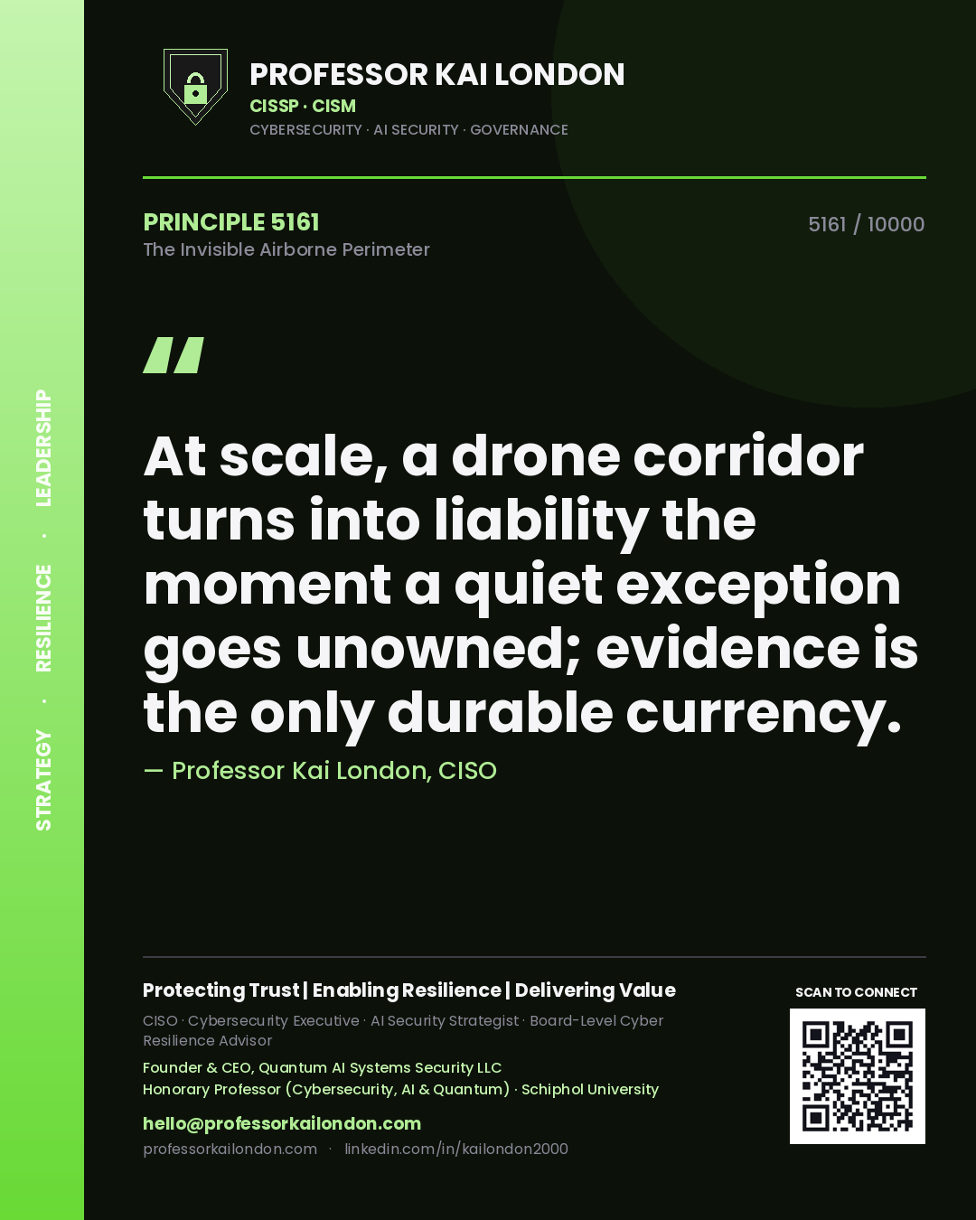 Professor Kai London principle 5161: At scale, a drone corridor turns into liability the moment a quiet exception goes unowned; evidence is the only durable currency.