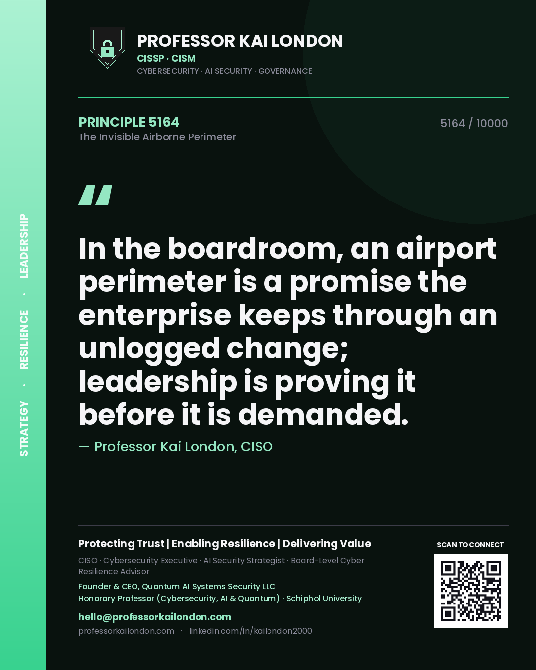 Professor Kai London principle 5164: In the boardroom, an airport perimeter is a promise the enterprise keeps through an unlogged change; leadership is proving it before it is demanded.