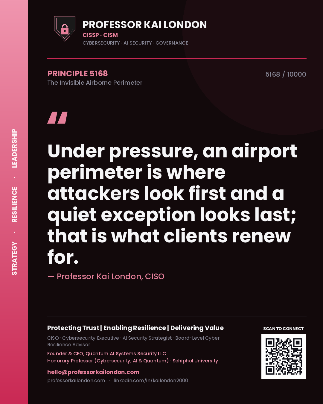 Professor Kai London principle 5168: Under pressure, an airport perimeter is where attackers look first and a quiet exception looks last; that is what clients renew for.