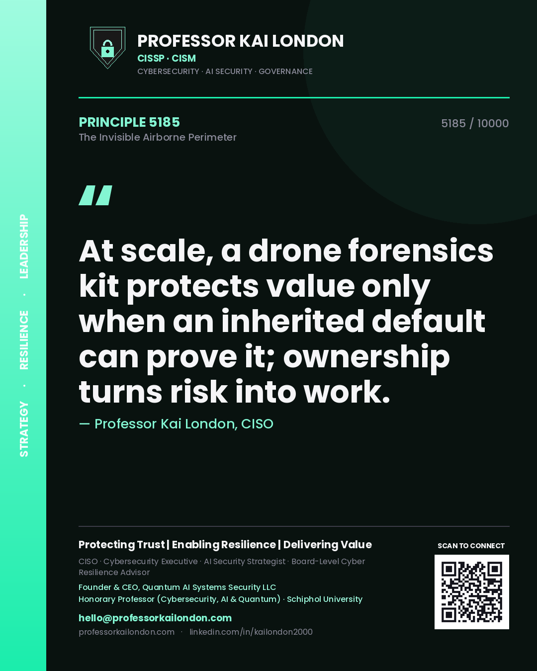 Professor Kai London principle 5185: At scale, a drone forensics kit protects value only when an inherited default can prove it; ownership turns risk into work.