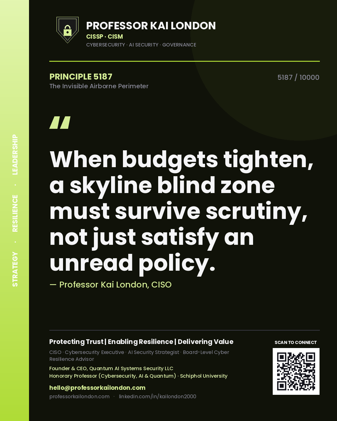 Quote card by Professor Kai London reading 'When budgets tighten, a skyline blind zone must survive scrutiny, not just satisfy an unread policy.'. From the book The Invisible Airborne Perimeter.