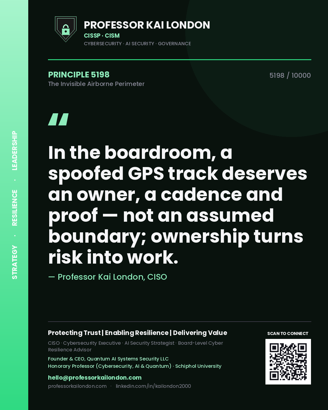 Professor Kai London principle 5198: In the boardroom, a spoofed GPS track deserves an owner, a cadence and proof — not an assumed boundary; ownership turns risk into work.