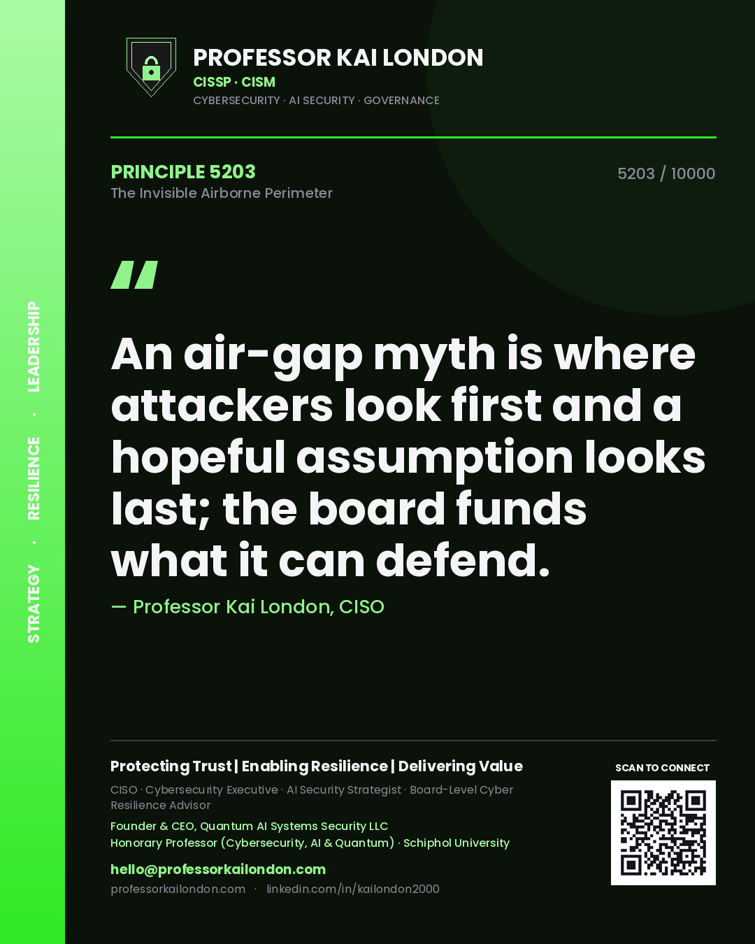 Professor Kai London principle 5203: An air-gap myth is where attackers look first and a hopeful assumption looks last; the board funds what it can defend.