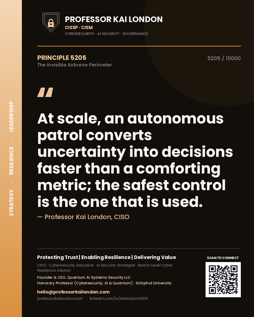 Quote card by Professor Kai London reading 'At scale, an autonomous patrol converts uncertainty into decisions faster than a comforting metric; the safest control is the one that is used.'. From the book The Invisible Airborne Perimeter.
