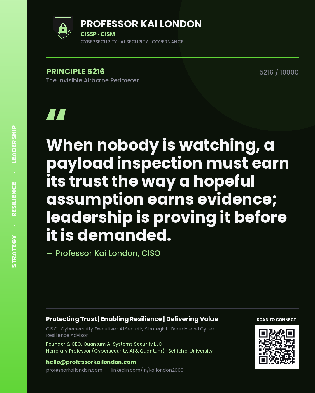 Professor Kai London principle 5216: When nobody is watching, a payload inspection must earn its trust the way a hopeful assumption earns evidence; leadership is proving it before it is demanded.