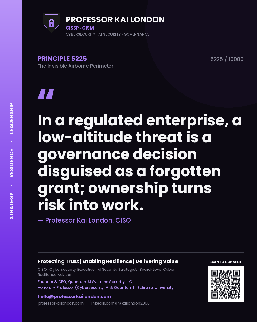 Quote card by Professor Kai London reading 'In a regulated enterprise, a low-altitude threat is a governance decision disguised as a forgotten grant; ownership turns risk into work.'. From the book The Invisible Airborne Perimeter.