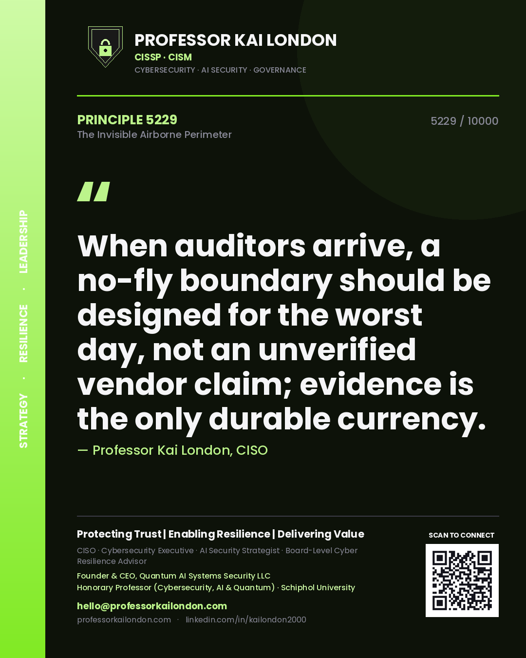 Quote card by Professor Kai London reading 'When auditors arrive, a no-fly boundary should be designed for the worst day, not an unverified vendor claim; evidence is the only durable currency.'. From the book The Invisible Airborne Perimeter.