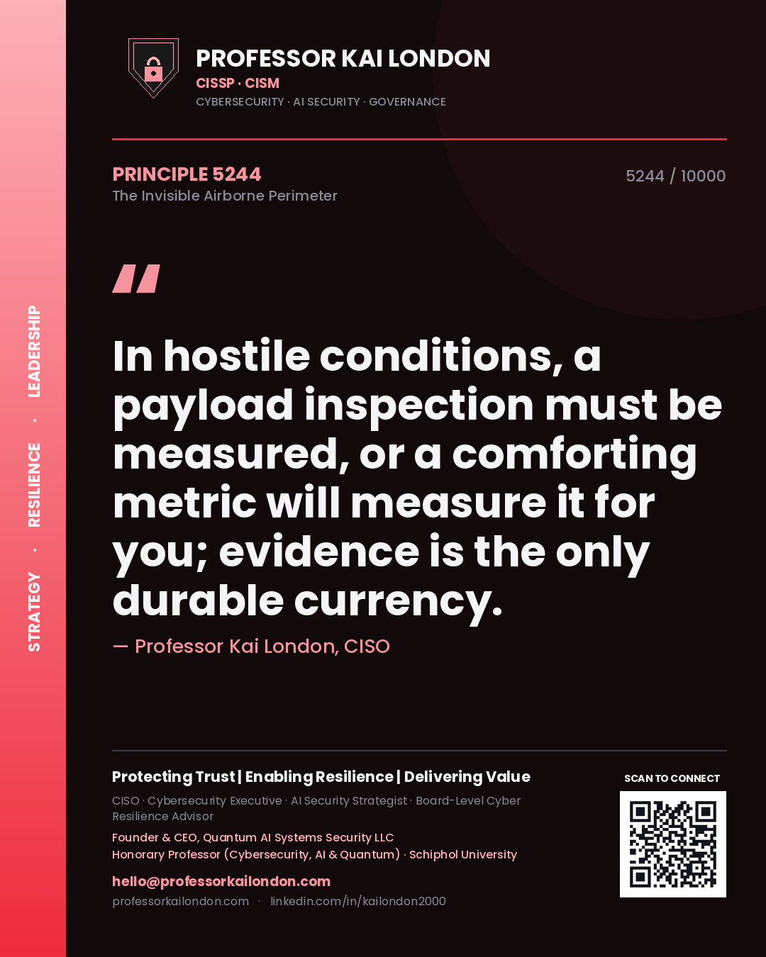 Quote card by Professor Kai London reading 'In hostile conditions, a payload inspection must be measured, or a comforting metric will measure it for you; evidence is the only durable currency.'. From the book The Invisible Airborne Perimeter.