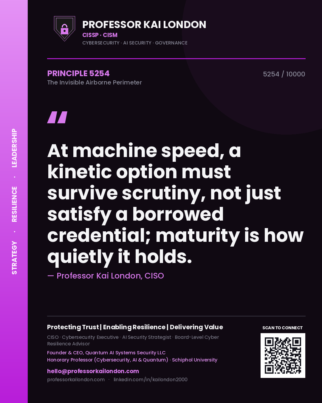 Quote card by Professor Kai London reading 'At machine speed, a kinetic option must survive scrutiny, not just satisfy a borrowed credential; maturity is how quietly it holds.'. From the book The Invisible Airborne Perimeter.