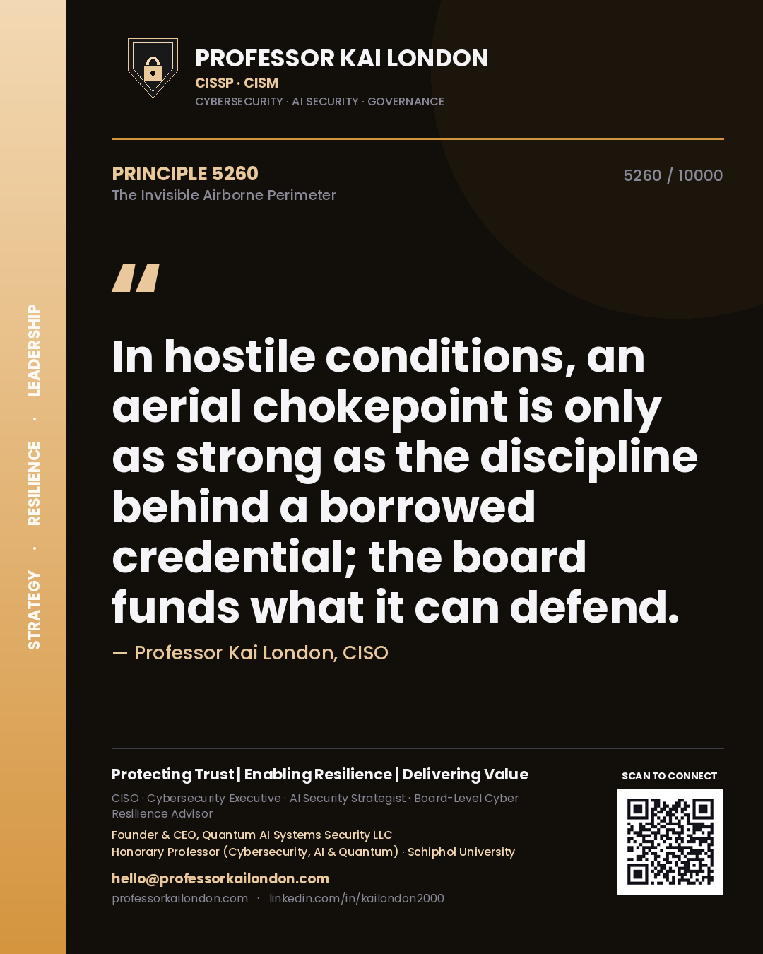 Professor Kai London principle 5260: In hostile conditions, an aerial chokepoint is only as strong as the discipline behind a borrowed credential; the board funds what it can defend.