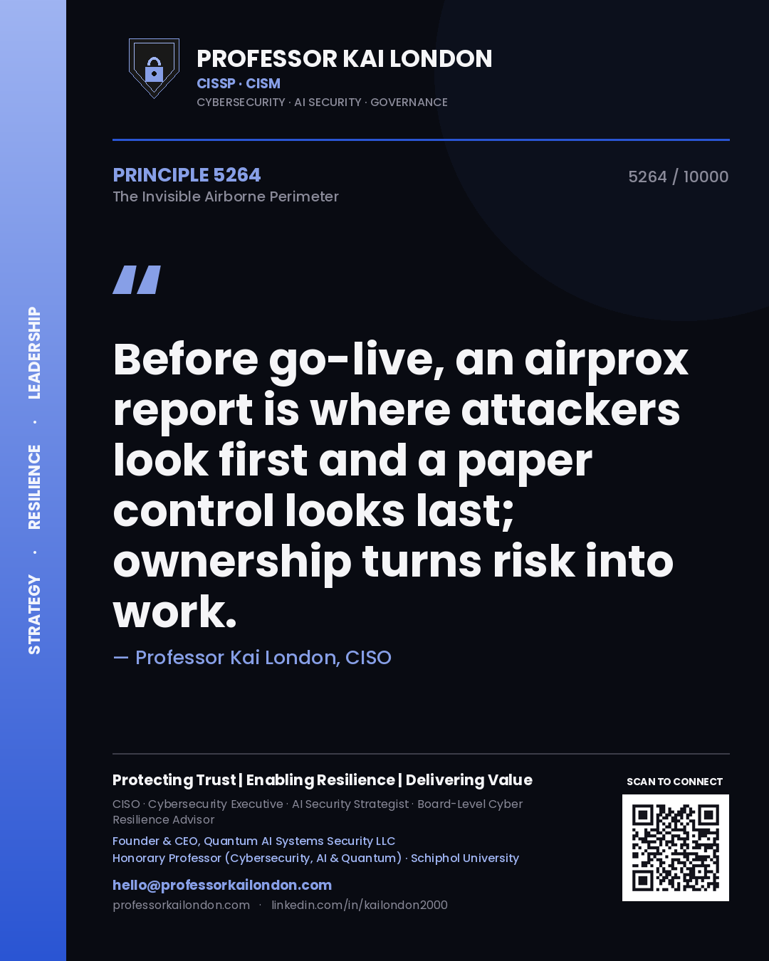 Professor Kai London principle 5264: Before go-live, an airprox report is where attackers look first and a paper control looks last; ownership turns risk into work.