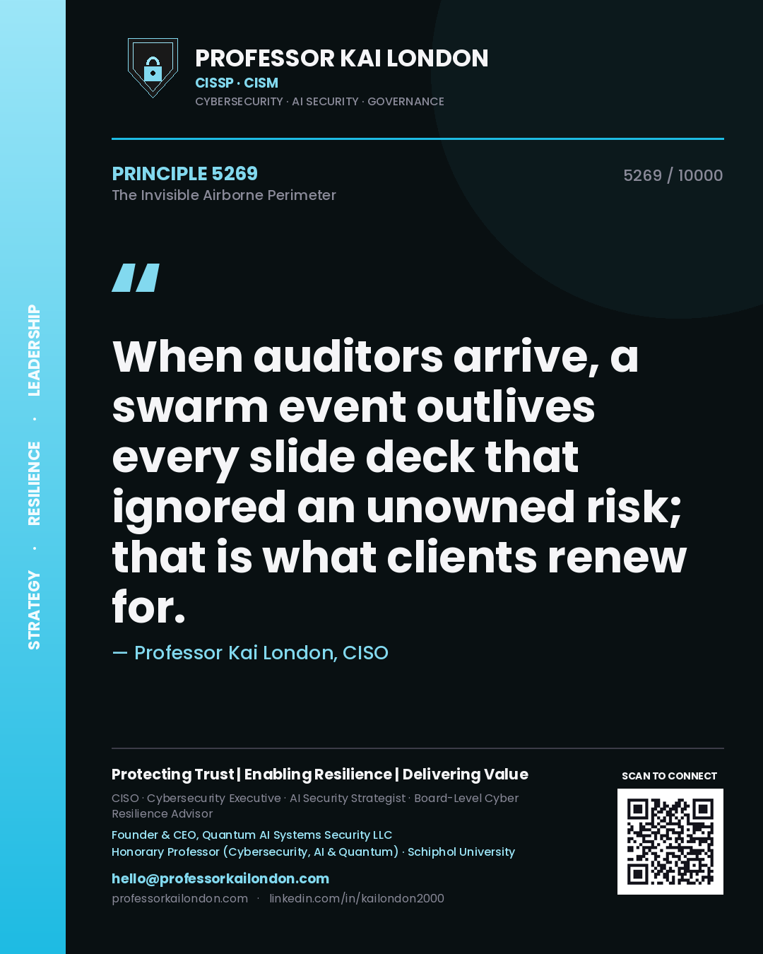Quote card by Professor Kai London reading 'When auditors arrive, a swarm event outlives every slide deck that ignored an unowned risk; that is what clients renew for.'. From the book The Invisible Airborne Perimeter.
