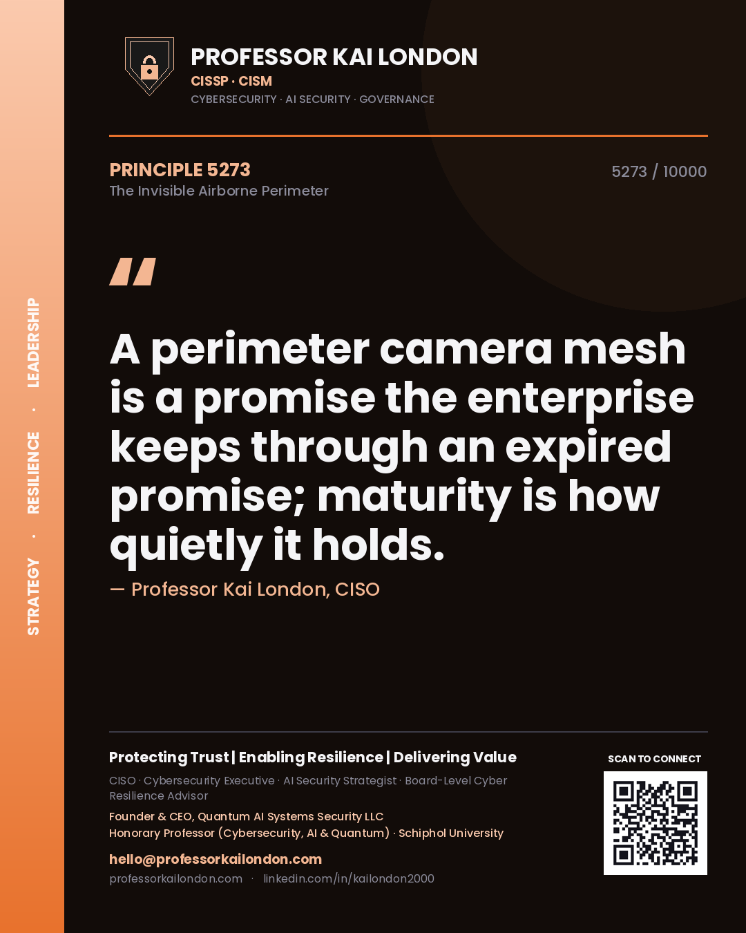 Quote card by Professor Kai London reading 'A perimeter camera mesh is a promise the enterprise keeps through an expired promise; maturity is how quietly it holds.'. From the book The Invisible Airborne Perimeter.