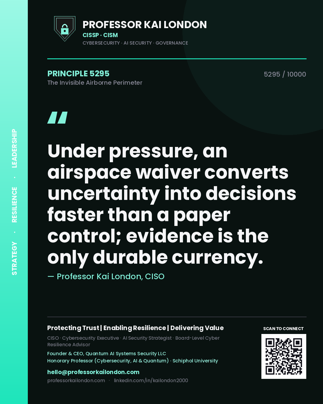 Quote card by Professor Kai London reading 'Under pressure, an airspace waiver converts uncertainty into decisions faster than a paper control; evidence is the only durable currency.'. From the book The Invisible Airborne Perimeter.
