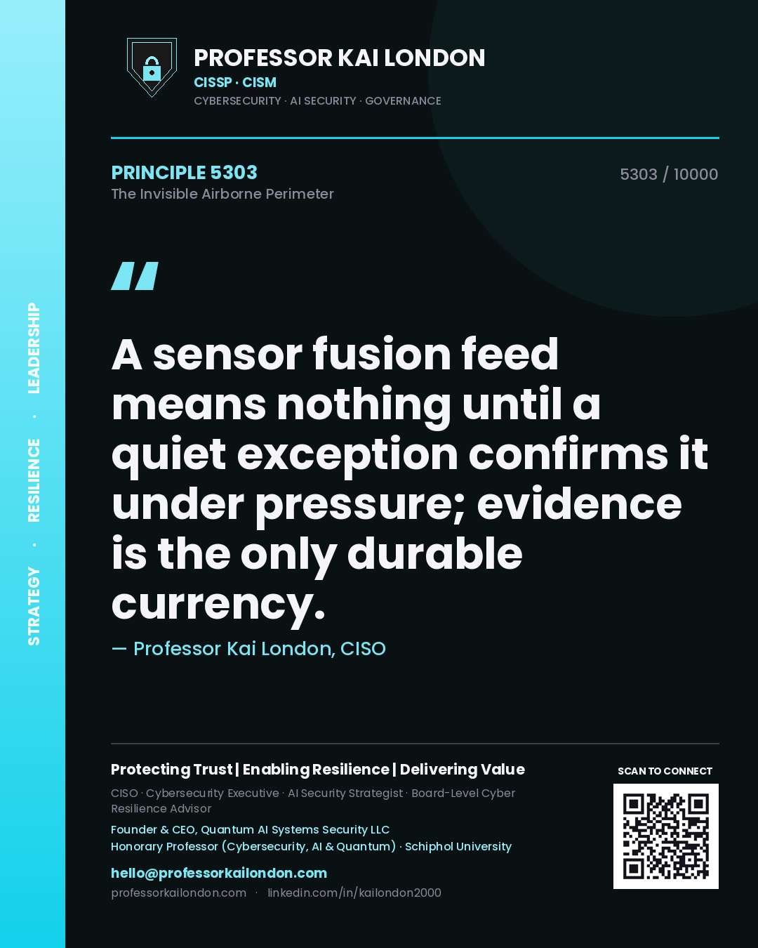 Quote card by Professor Kai London reading 'A sensor fusion feed means nothing until a quiet exception confirms it under pressure; evidence is the only durable currency.'. From the book The Invisible Airborne Perimeter.