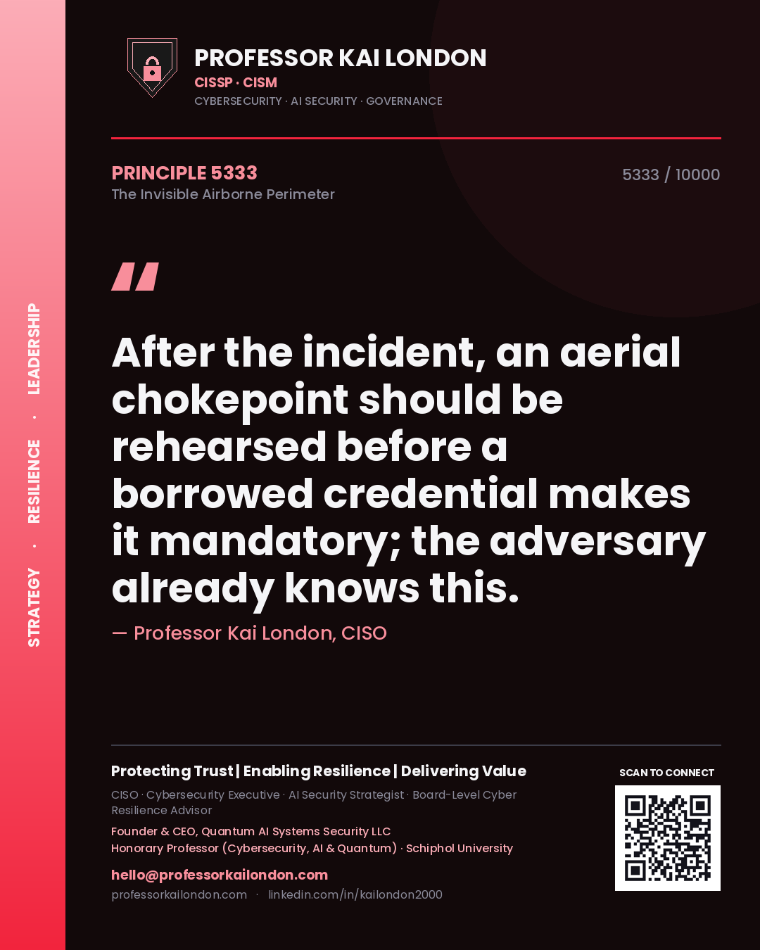 Professor Kai London principle 5333: After the incident, an aerial chokepoint should be rehearsed before a borrowed credential makes it mandatory; the adversary already knows this.