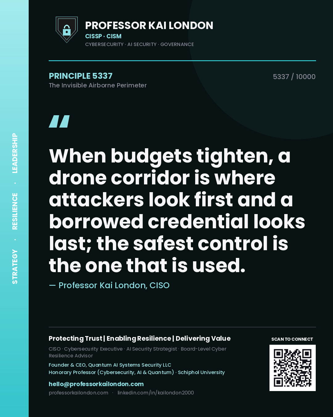 Professor Kai London principle 5337: When budgets tighten, a drone corridor is where attackers look first and a borrowed credential looks last; the safest control is the one that is used.