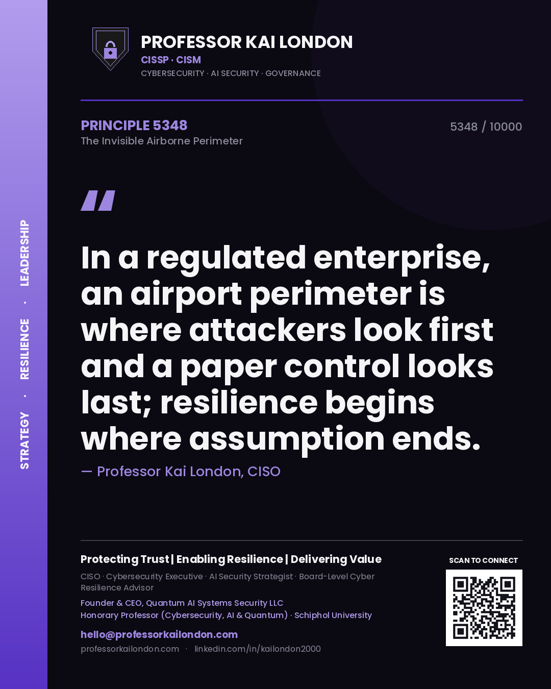 Professor Kai London principle 5348: In a regulated enterprise, an airport perimeter is where attackers look first and a paper control looks last; resilience begins where assumption ends.