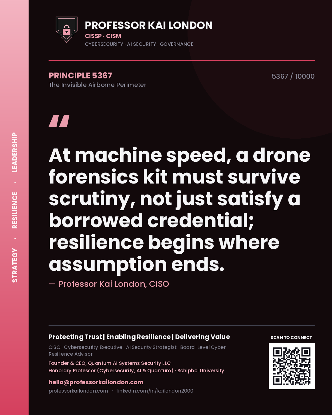 Professor Kai London principle 5367: At machine speed, a drone forensics kit must survive scrutiny, not just satisfy a borrowed credential; resilience begins where assumption ends.