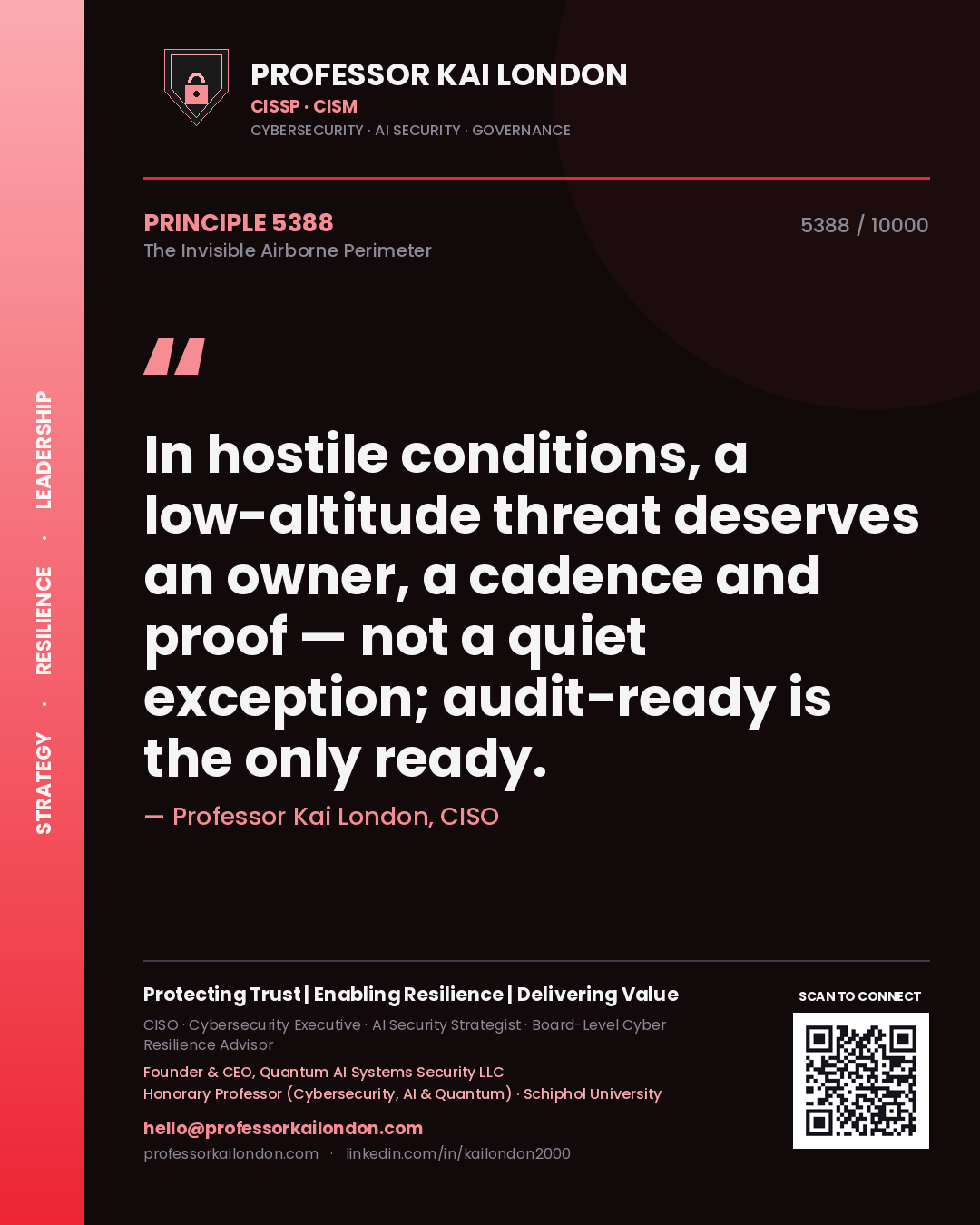Professor Kai London principle 5388: In hostile conditions, a low-altitude threat deserves an owner, a cadence and proof — not a quiet exception; audit-ready is the only ready.
