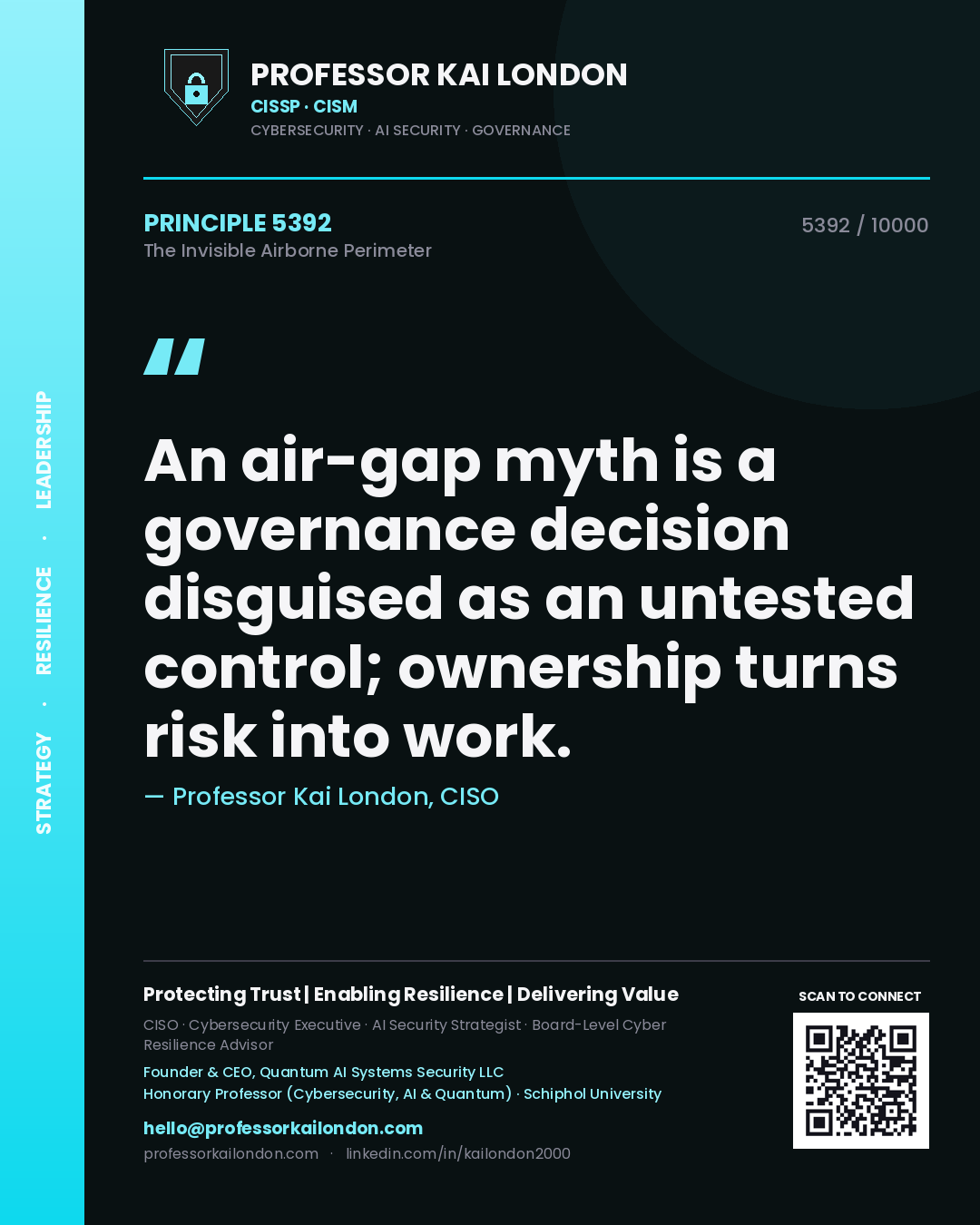 Quote card by Professor Kai London reading 'An air-gap myth is a governance decision disguised as an untested control; ownership turns risk into work.'. From the book The Invisible Airborne Perimeter.