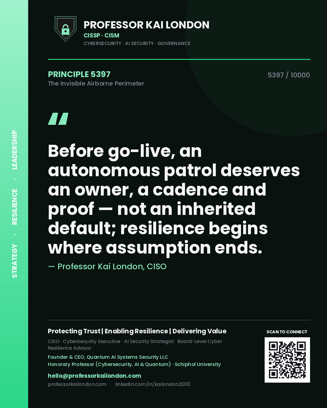 Professor Kai London principle 5397: Before go-live, an autonomous patrol deserves an owner, a cadence and proof — not an inherited default; resilience begins where assumption ends.