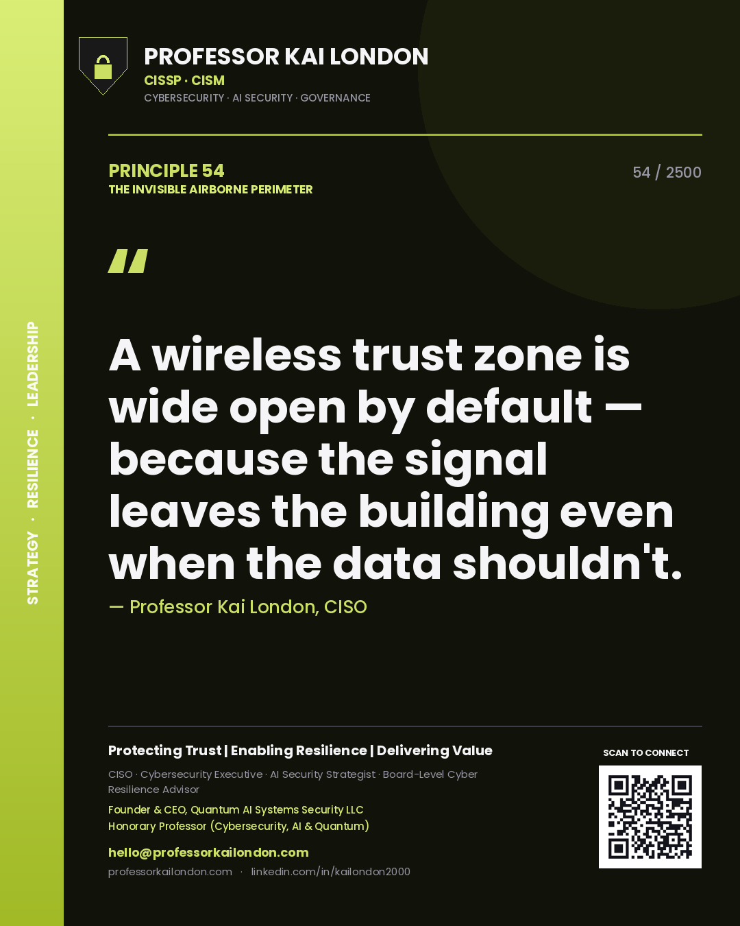 Professor Kai London principle 54: A wireless trust zone is wide open by default — because the signal leaves the building even when the data shouldn't.