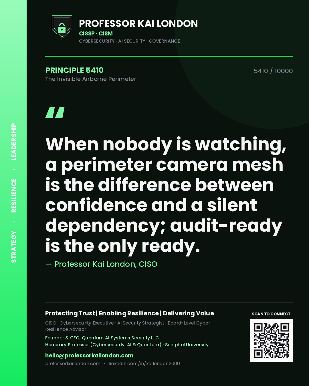 Professor Kai London principle 5410: When nobody is watching, a perimeter camera mesh is the difference between confidence and a silent dependency; audit-ready is the only ready.