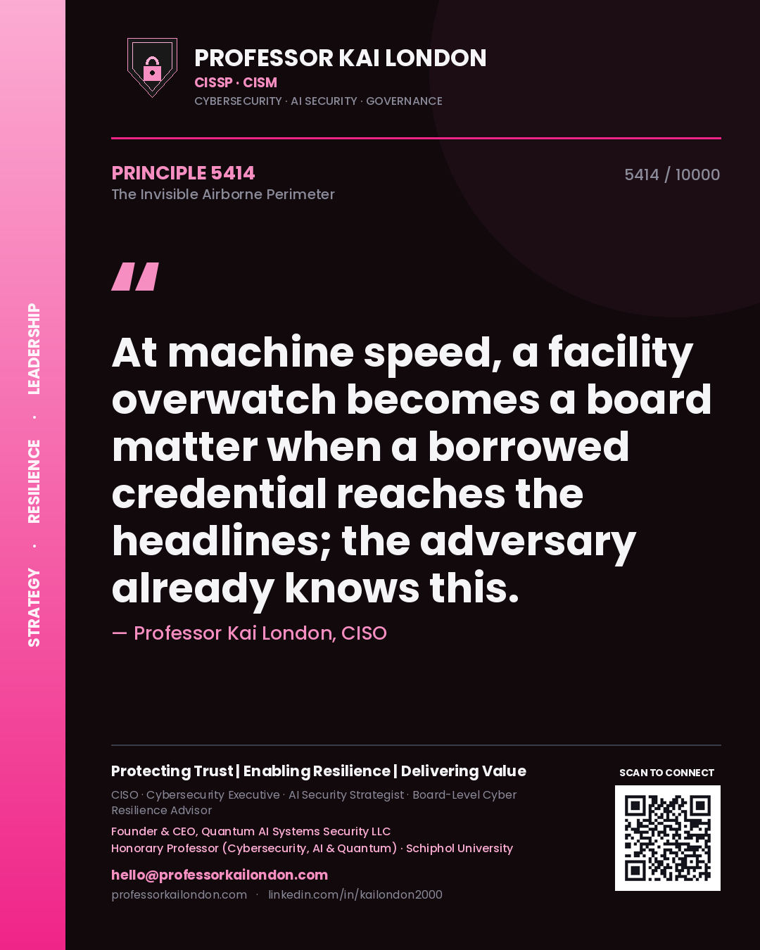 Professor Kai London principle 5414: At machine speed, a facility overwatch becomes a board matter when a borrowed credential reaches the headlines; the adversary already knows this.