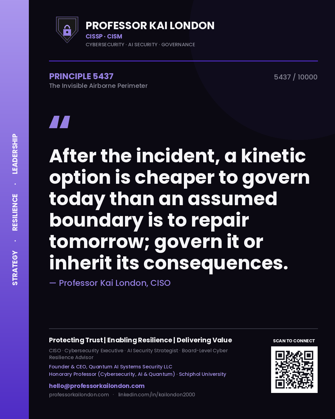 Quote card by Professor Kai London reading 'After the incident, a kinetic option is cheaper to govern today than an assumed boundary is to repair tomorrow; govern it or inherit its consequences.'. From the book The Invisible Airborne Perimeter.