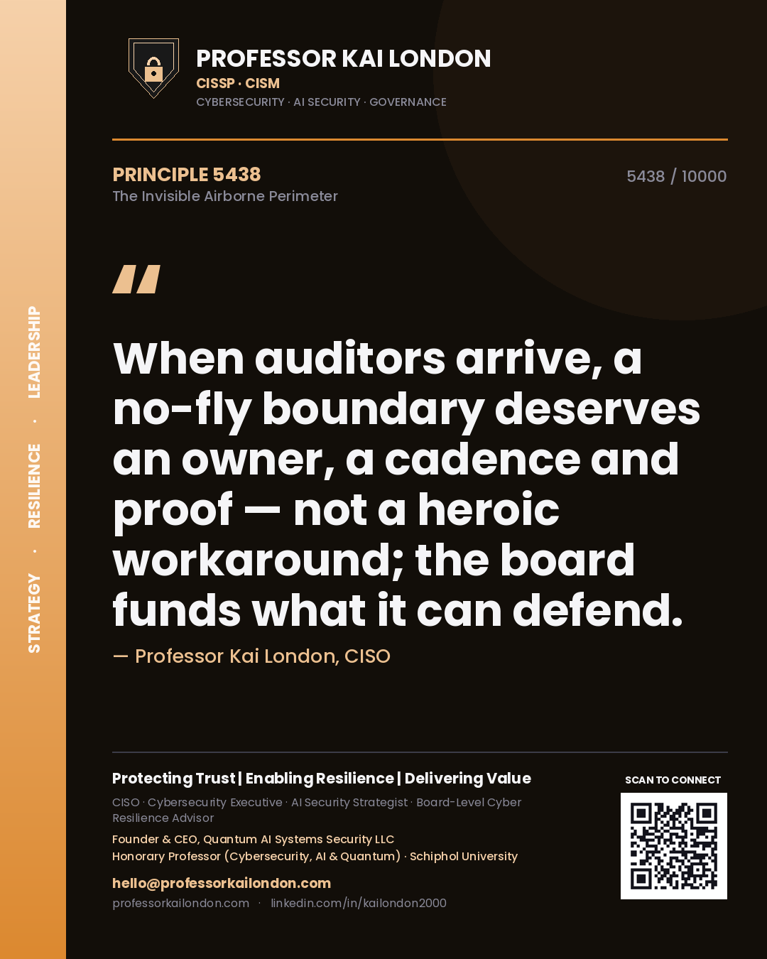 Professor Kai London principle 5438: When auditors arrive, a no-fly boundary deserves an owner, a cadence and proof — not a heroic workaround; the board funds what it can defend.