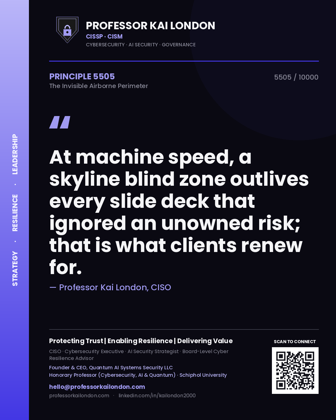 Professor Kai London principle 5505: At machine speed, a skyline blind zone outlives every slide deck that ignored an unowned risk; that is what clients renew for.