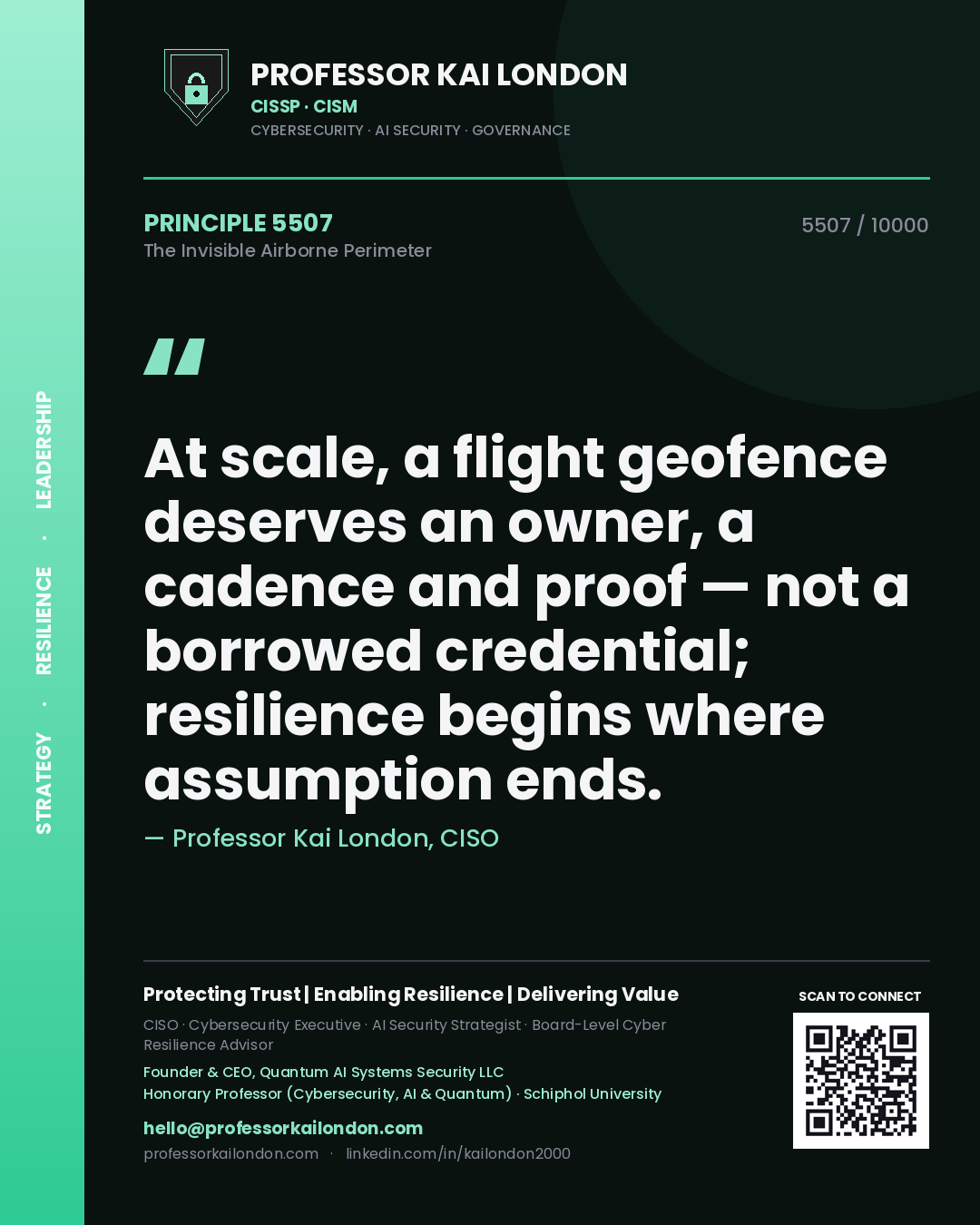 Professor Kai London principle 5507: At scale, a flight geofence deserves an owner, a cadence and proof — not a borrowed credential; resilience begins where assumption ends.