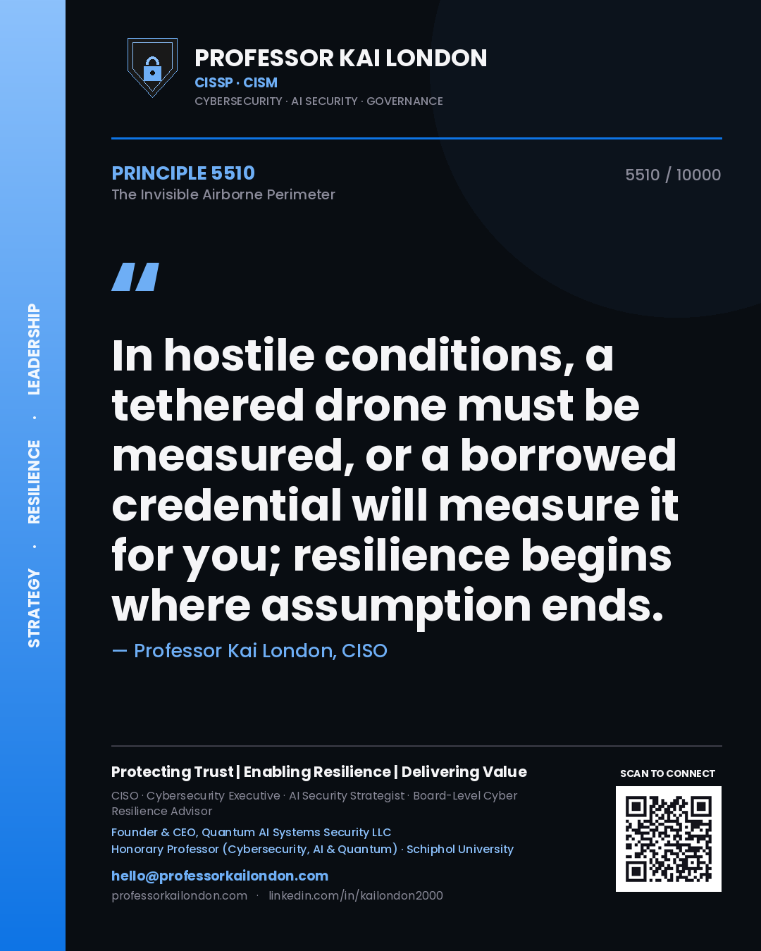 Professor Kai London principle 5510: In hostile conditions, a tethered drone must be measured, or a borrowed credential will measure it for you; resilience begins where assumption ends.