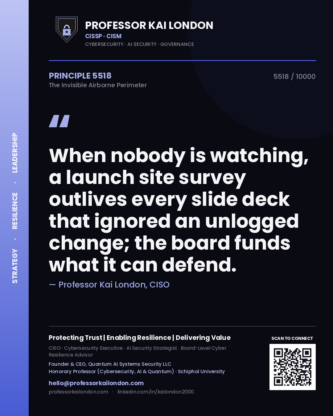 Quote card by Professor Kai London reading 'When nobody is watching, a launch site survey outlives every slide deck that ignored an unlogged change; the board funds what it can defend.'. From the book The Invisible Airborne Perimeter.